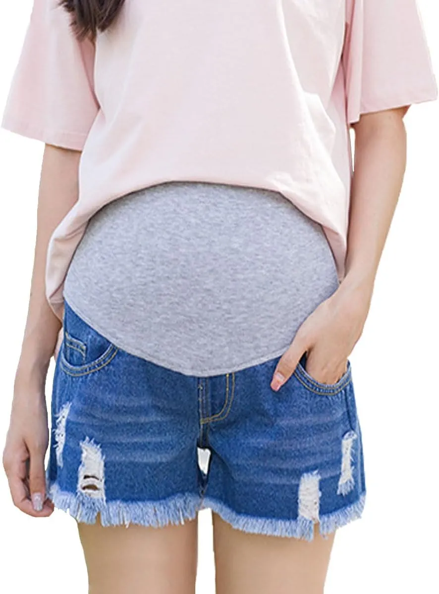 Women's Maternity Jean Short Roll Hem Distressed Stretchy Pregnant Ripped Denim Shorts Casual Short Pants