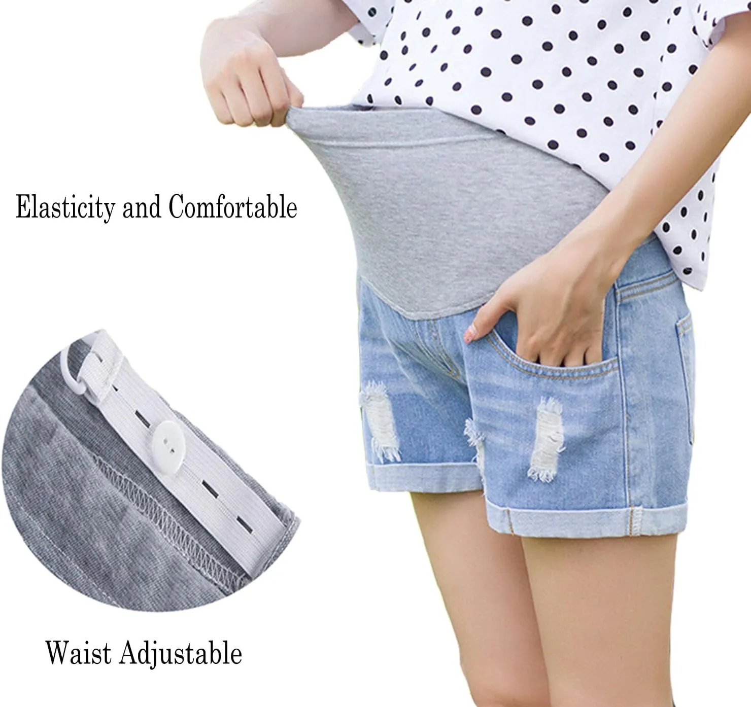Women's Maternity Jean Short Roll Hem Distressed Stretchy Pregnant Ripped Denim Shorts Casual Short Pants