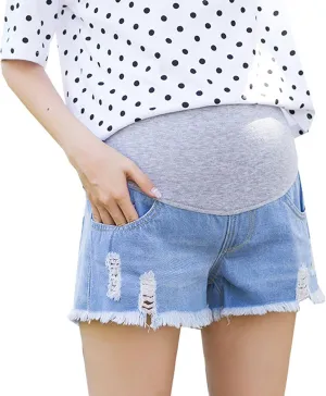 Women's Maternity Jean Short Roll Hem Distressed Stretchy Pregnant Ripped Denim Shorts Casual Short Pants