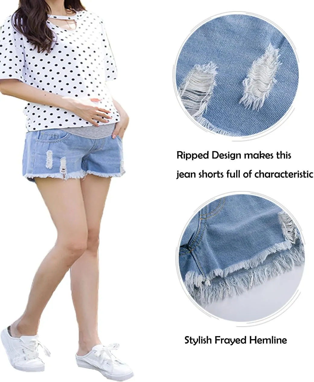 Women's Maternity Jean Short Roll Hem Distressed Stretchy Pregnant Ripped Denim Shorts Casual Short Pants