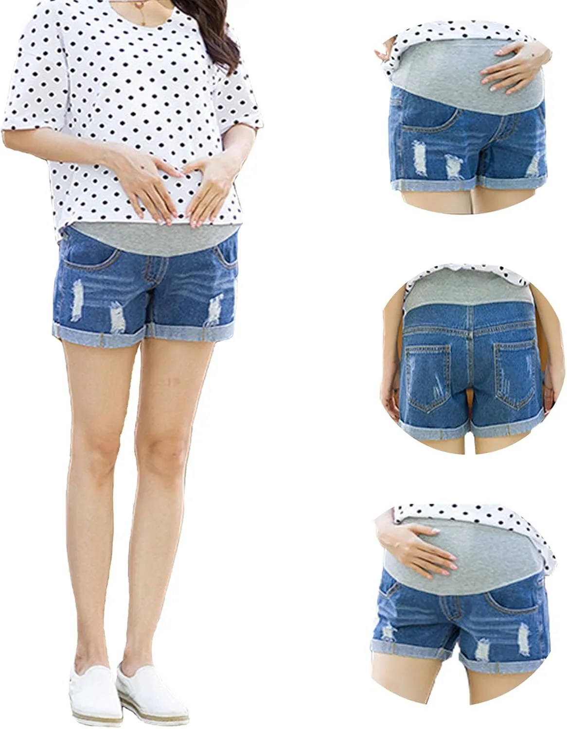 Women's Maternity Jean Short Roll Hem Distressed Stretchy Pregnant Ripped Denim Shorts Casual Short Pants