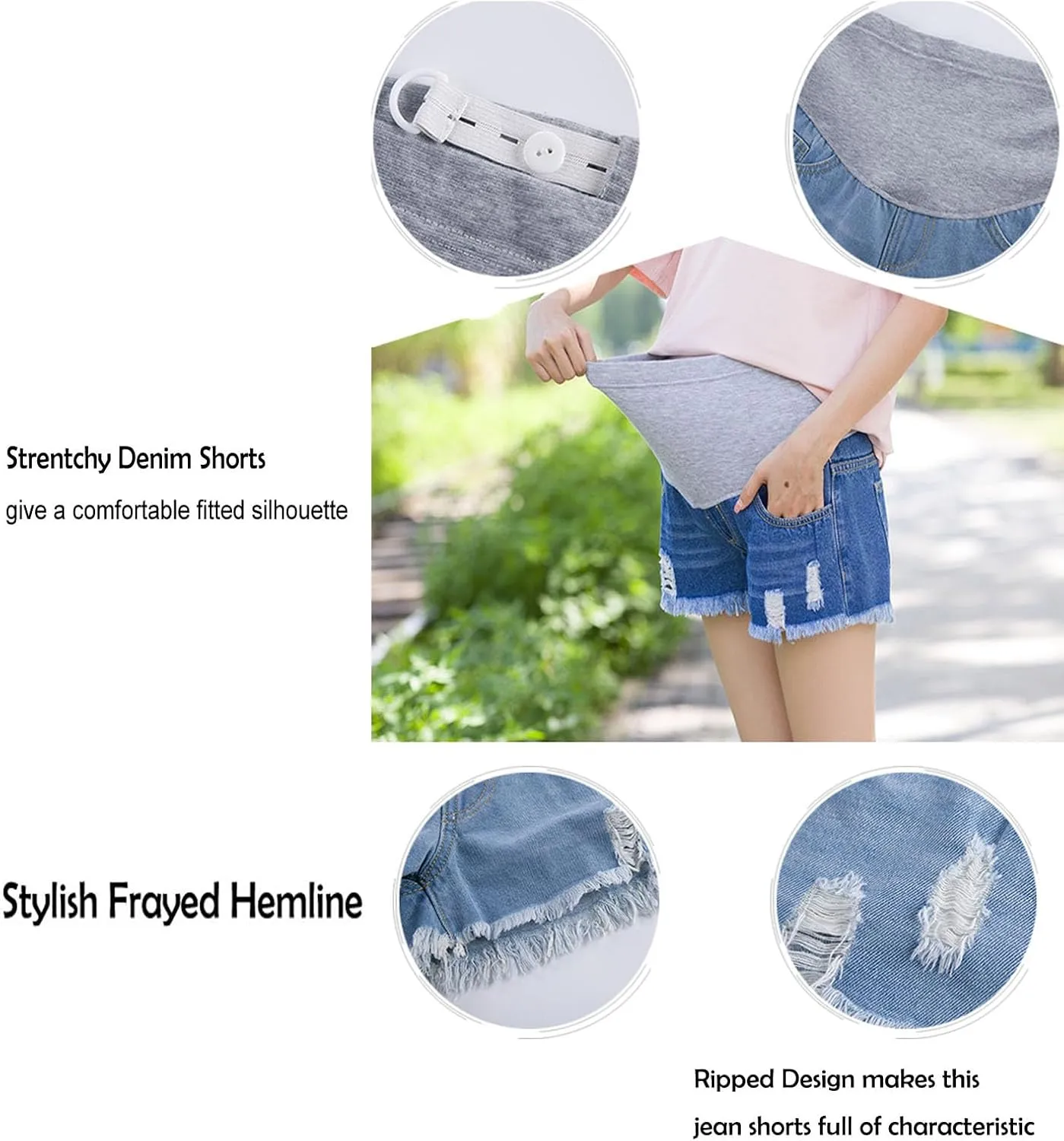 Women's Maternity Jean Short Roll Hem Distressed Stretchy Pregnant Ripped Denim Shorts Casual Short Pants