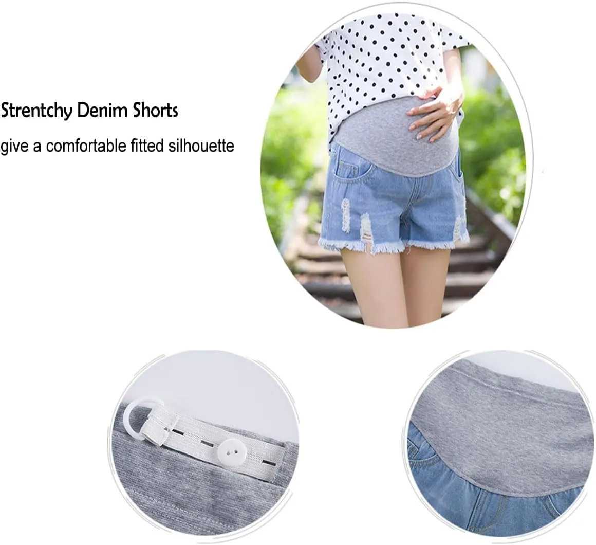 Women's Maternity Jean Short Roll Hem Distressed Stretchy Pregnant Ripped Denim Shorts Casual Short Pants