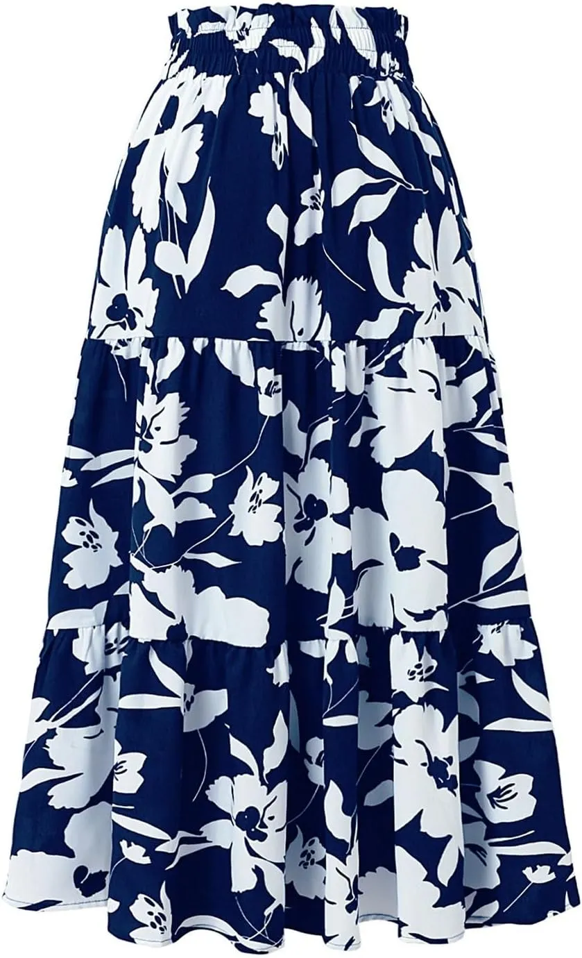 Women's Maxi Skirt 2025 Casual Loose Trendy Elastic Waist Floral Print Bohemian Sun A-Line Beach Skirts, S-XL