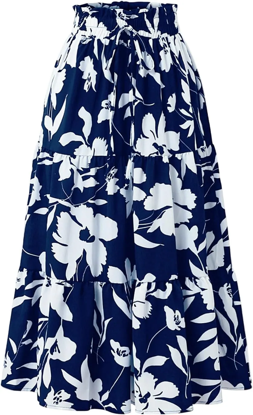 Women's Maxi Skirt 2025 Casual Loose Trendy Elastic Waist Floral Print Bohemian Sun A-Line Beach Skirts, S-XL