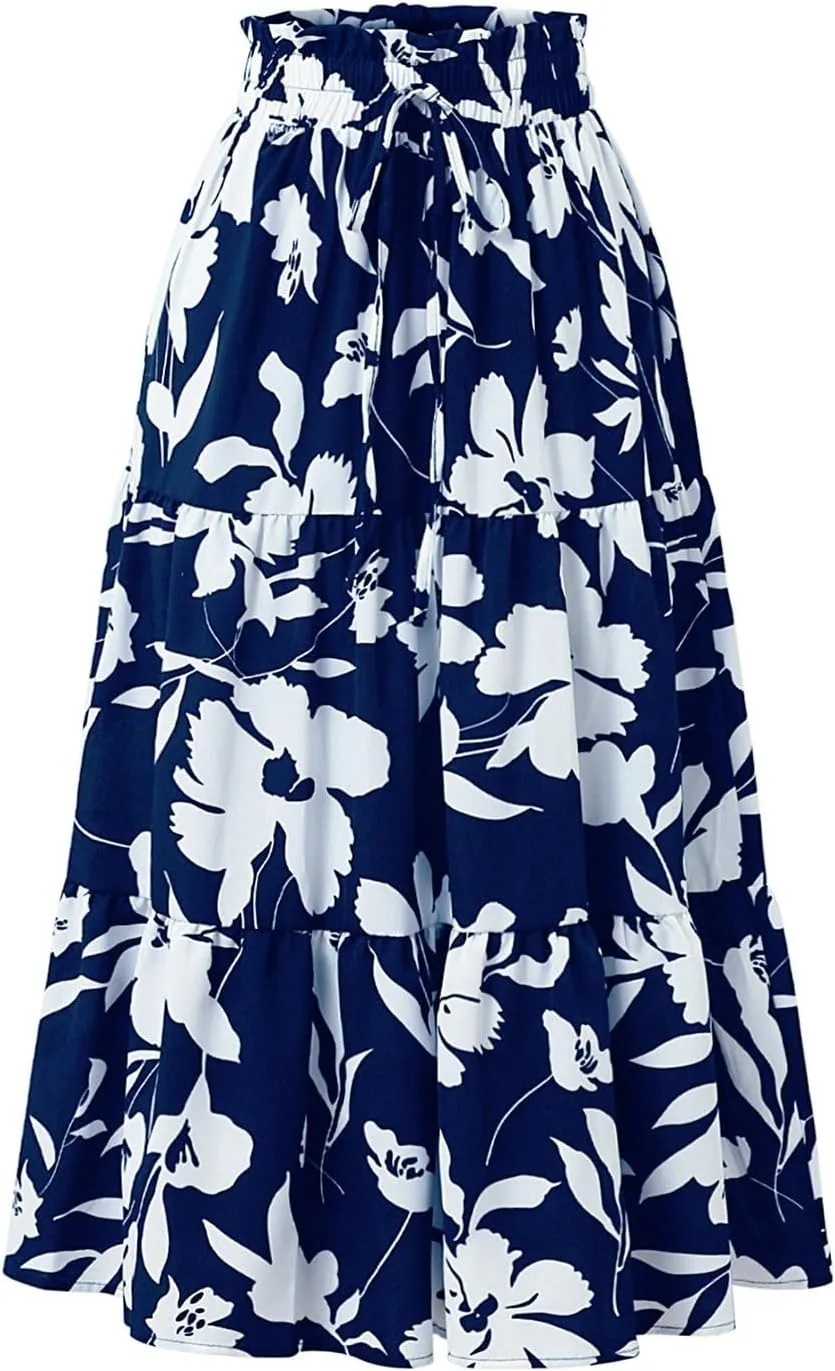 Women's Maxi Skirt 2025 Casual Loose Trendy Elastic Waist Floral Print Bohemian Sun A-Line Beach Skirts, S-XL