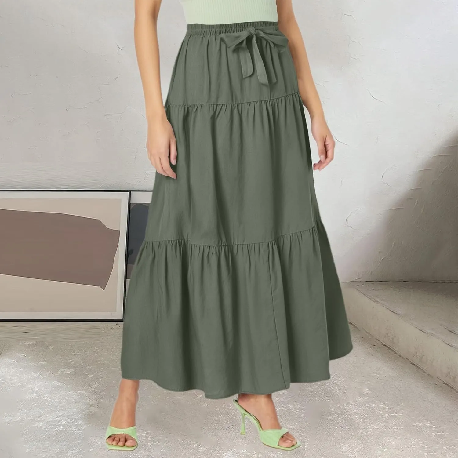 Womens Maxi Skirt High Waisted Elastic Tiered Flowy A-Line Ruffle with Pockets Beach Vacation Casual Comfy Dress