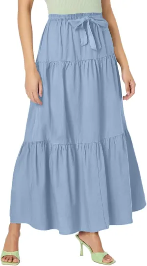 Womens Maxi Skirt High Waisted Elastic Tiered Flowy A-Line Ruffle with Pockets Beach Vacation Casual Comfy Dress