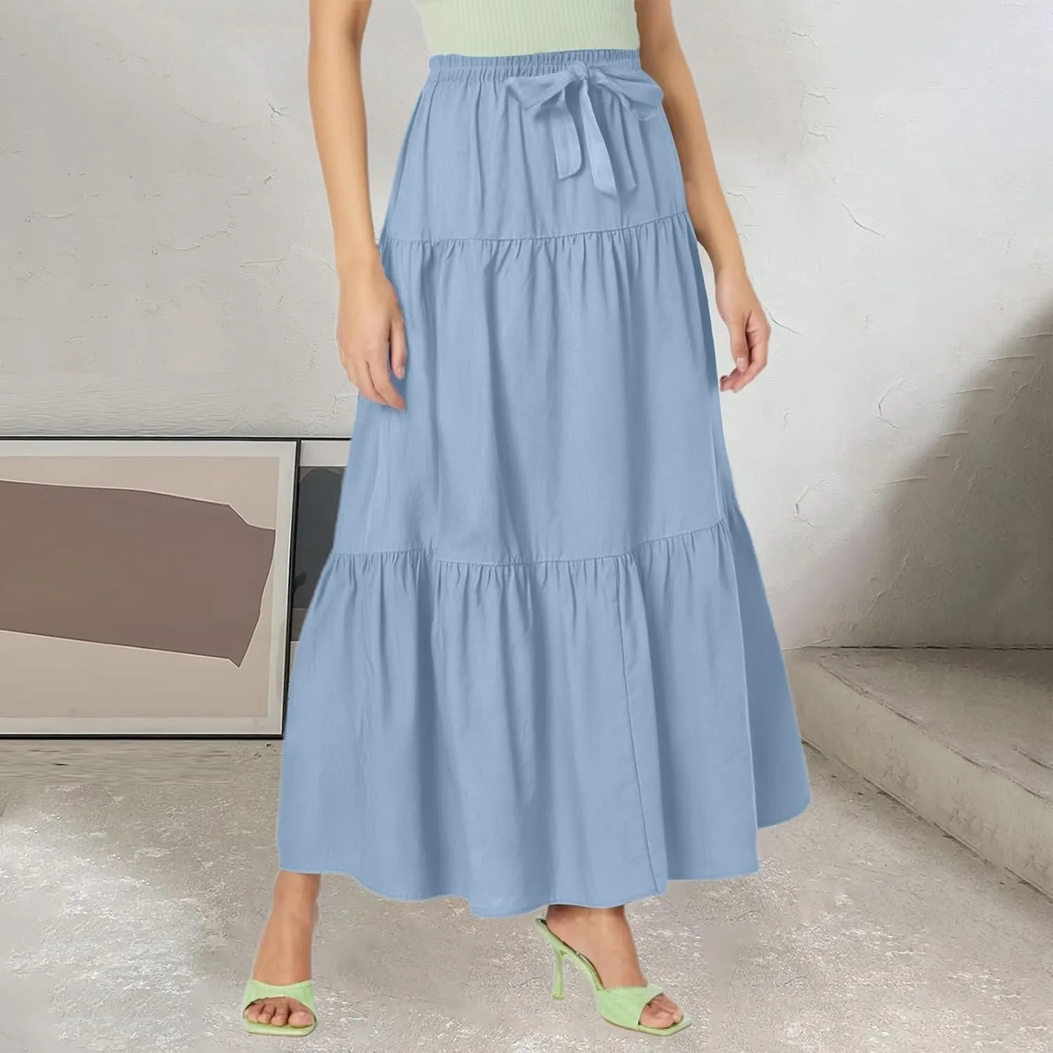 Womens Maxi Skirt High Waisted Elastic Tiered Flowy A-Line Ruffle with Pockets Beach Vacation Casual Comfy Dress