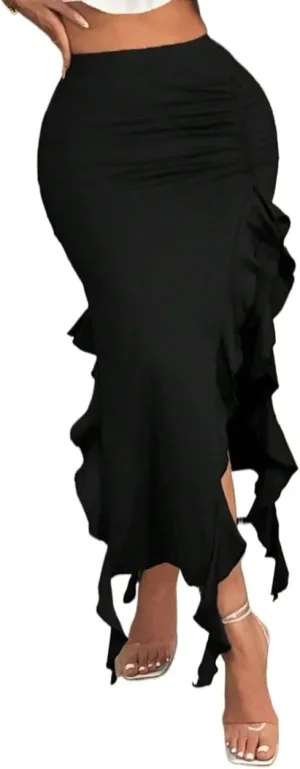 Women's Maxi Skirt Summer Asymmetrical Hem with Ruffle and High Slit Skirt