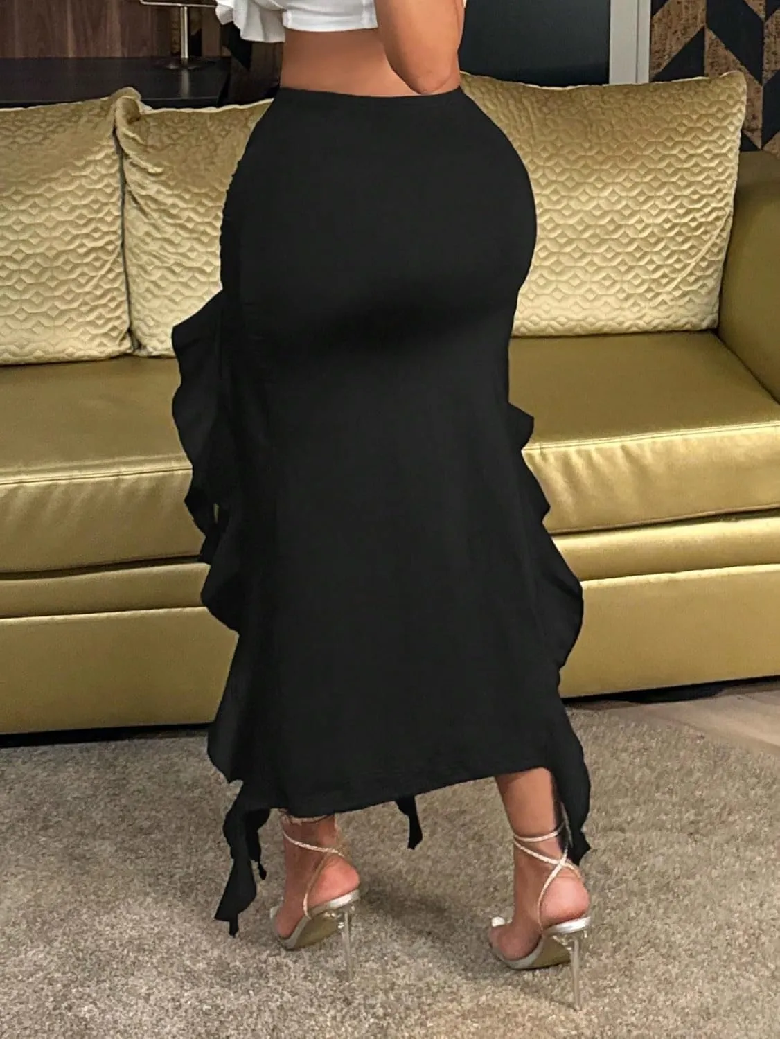 Women's Maxi Skirt Summer Asymmetrical Hem with Ruffle and High Slit Skirt