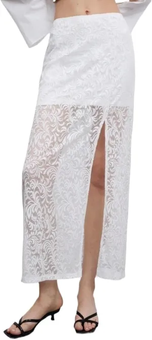 Women's Maxi Skirt Summer Midi High Waist Contrast Lace Side Slit Skirt