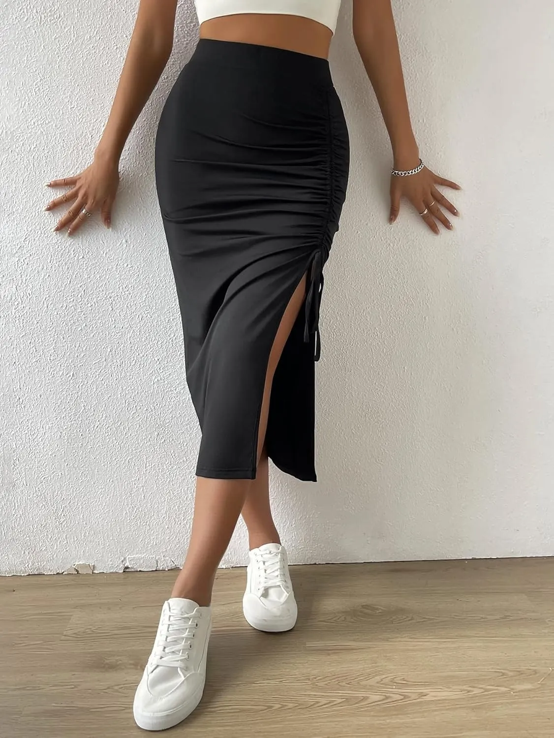 Women's Maxi Skirt Summer Midi High Waist Drawstring Slit Skirt