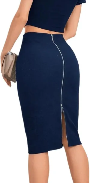 Women's Maxi Skirt Summer Midi High Waist Elegant Sexy PU Zipper Front Slit Skirt