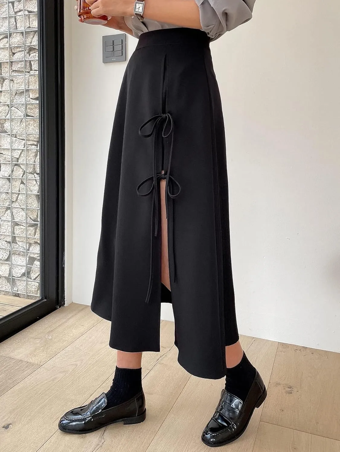Women's Maxi Skirt Summer Midi High Waist Knot Side Slit Skirt