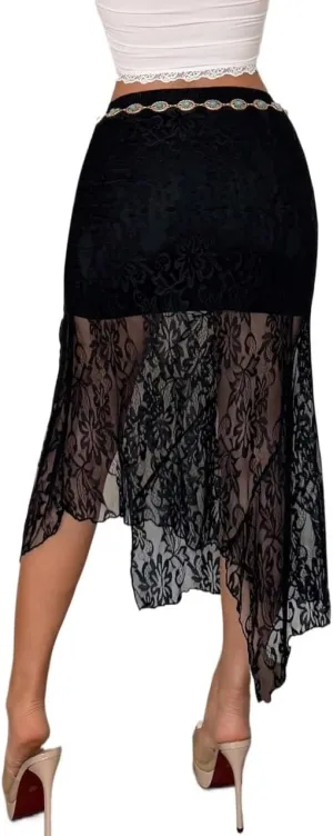 Women's Maxi Skirt Summer Midi High Waist Lace Asymmetrical Hem Slit Skirt