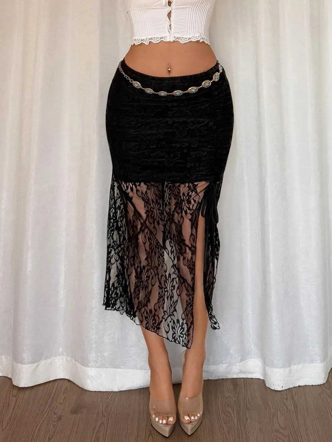 Women's Maxi Skirt Summer Midi High Waist Lace Asymmetrical Hem Slit Skirt