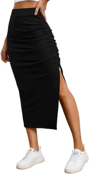 Women's Maxi Skirt Summer Midi High Waist Ruched Slit Skirt