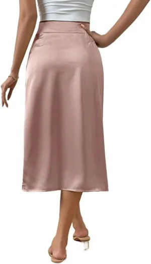 Women's Maxi Skirt Summer Midi High Waist Solid Color Pleated High Slit Skirt