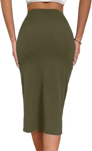 Women's Maxi Skirt Summer Midi High Waist Solid Ribbed Knit Slit Skirt