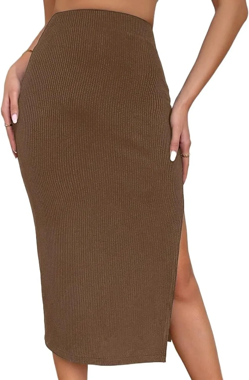 Women's Maxi Skirt Summer Midi High Waist Solid Ribbed Knit Slit Skirt