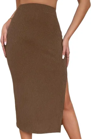 Women's Maxi Skirt Summer Midi High Waist Solid Ribbed Knit Slit Skirt