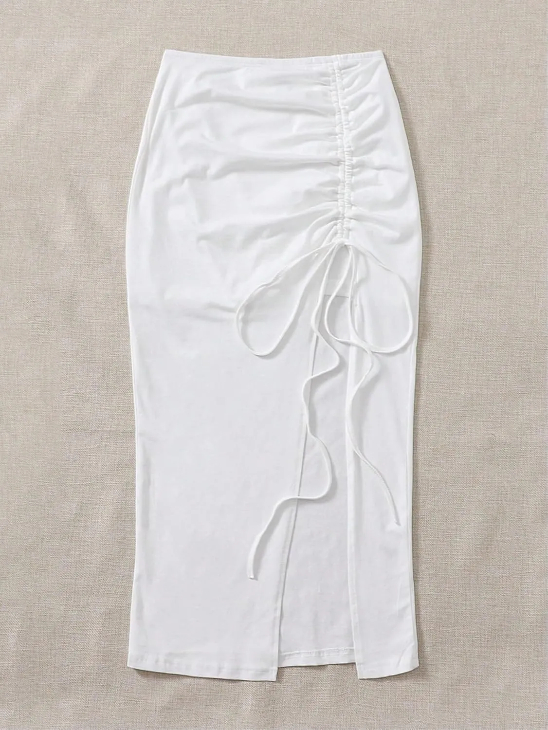 Women's Maxi Skirt Summer Midi High Waist Solid Ruched Drawstring Slit Skirt