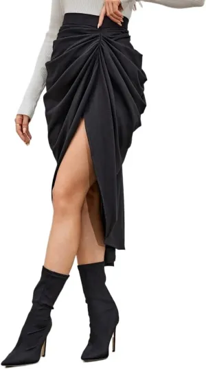 Women's Maxi Skirt Summer Midi High Waist Solid Ruched Slit Skirt