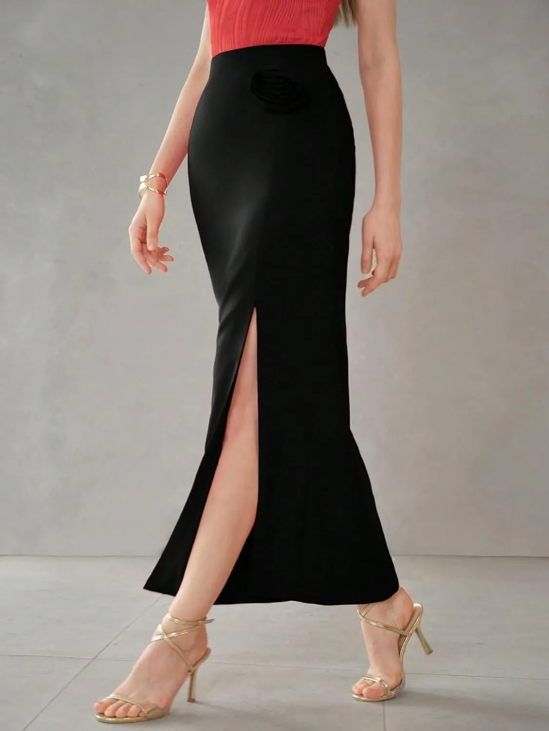 Women's Maxi Skirt Summer Midi High Waist Solid Slit Skirt