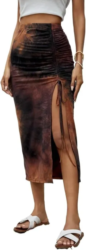 Women's Maxi Skirt Summer Midi High Waist Tie Drawstring Slit Skirt