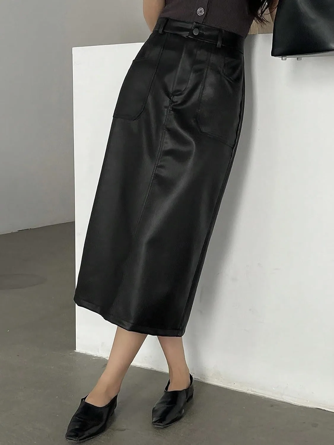 Women's Maxi Skirt Summer Midi Solid Color PU Straight Slit Skirt