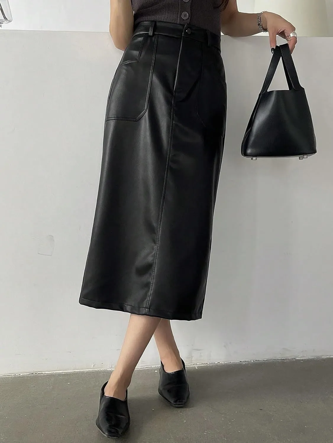 Women's Maxi Skirt Summer Midi Solid Color PU Straight Slit Skirt