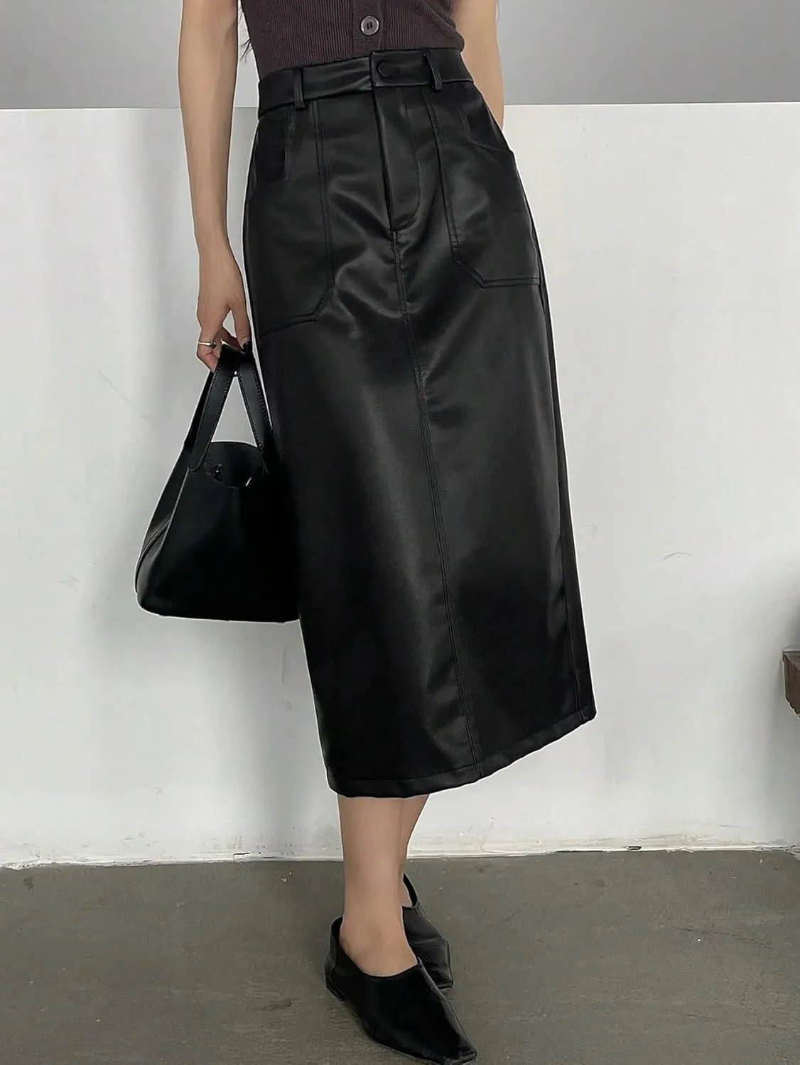Women's Maxi Skirt Summer Midi Solid Color PU Straight Slit Skirt