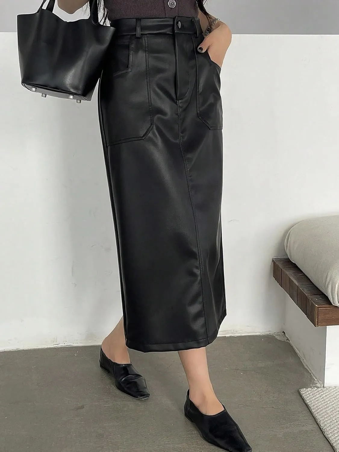 Women's Maxi Skirt Summer Midi Solid Color PU Straight Slit Skirt