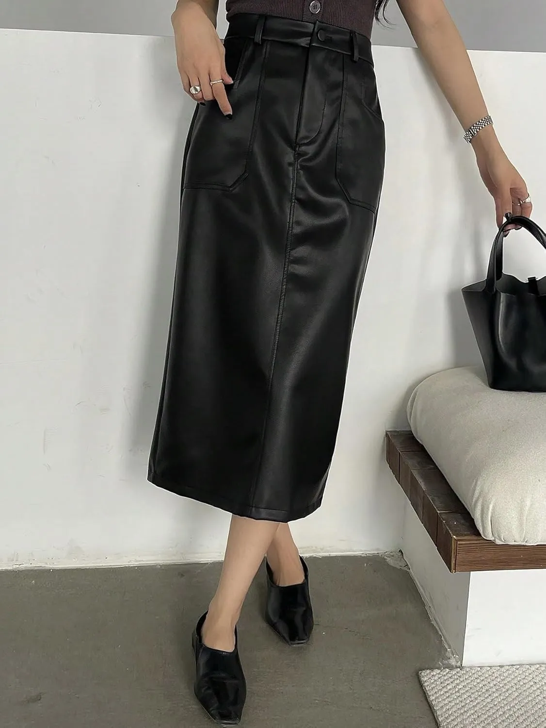 Women's Maxi Skirt Summer Midi Solid Color PU Straight Slit Skirt