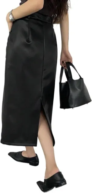 Women's Maxi Skirt Summer Midi Solid Color PU Straight Slit Skirt