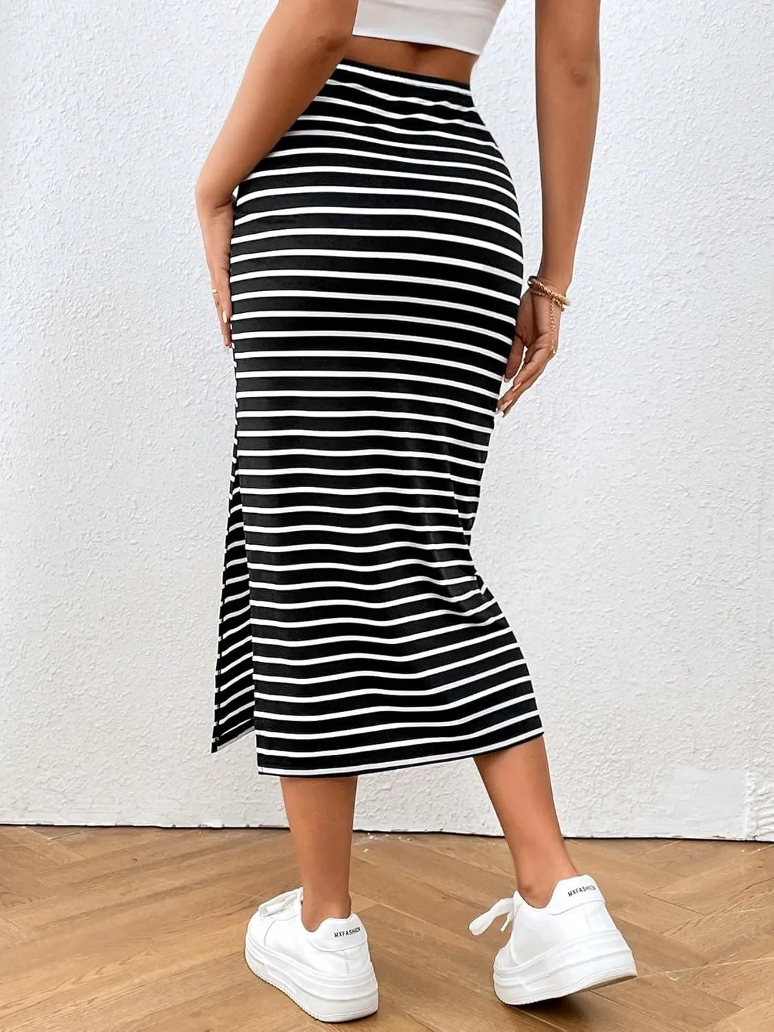 Women's Maxi Skirt Summer Midi Striped Slit Skirt