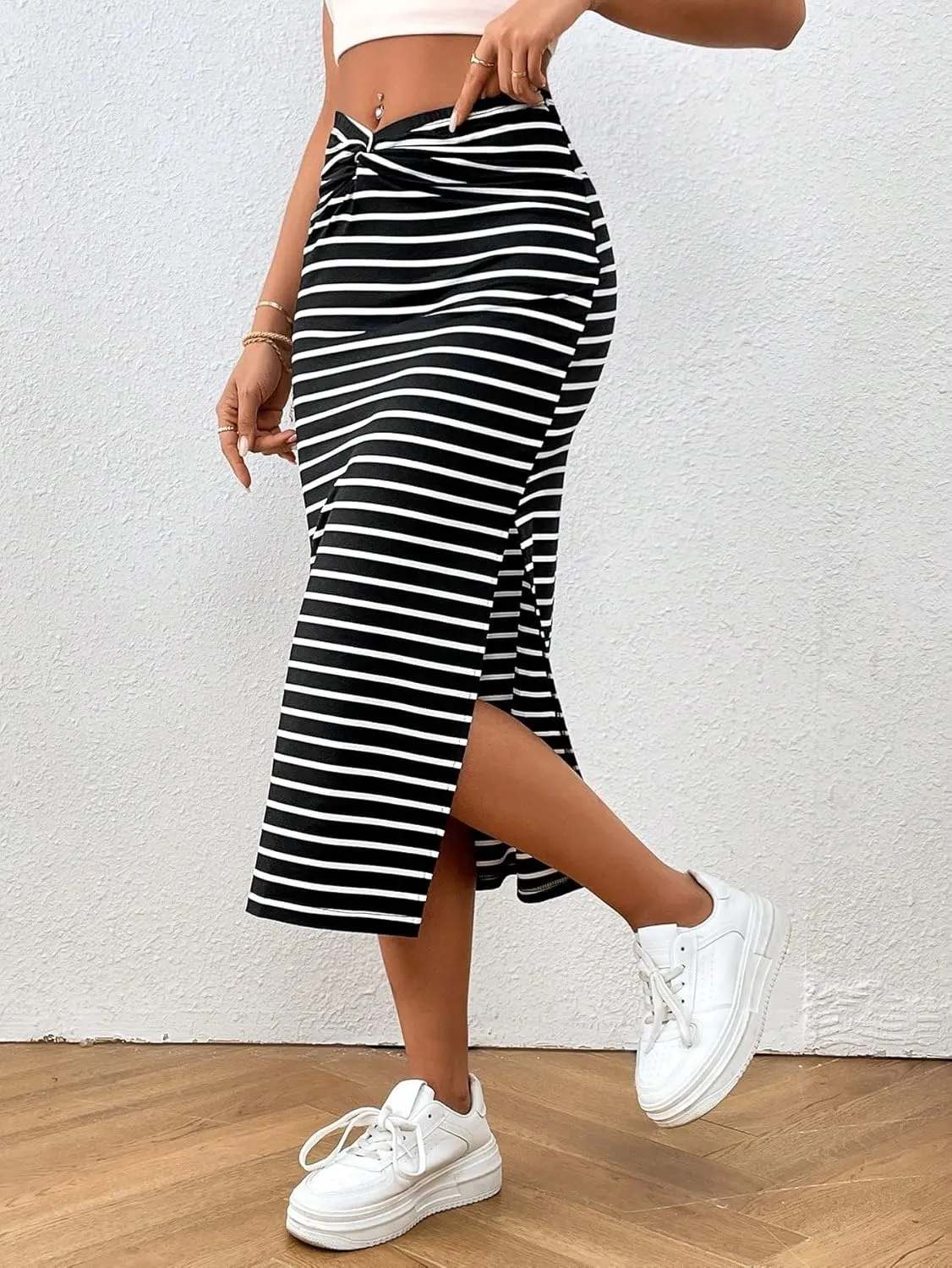 Women's Maxi Skirt Summer Midi Striped Slit Skirt
