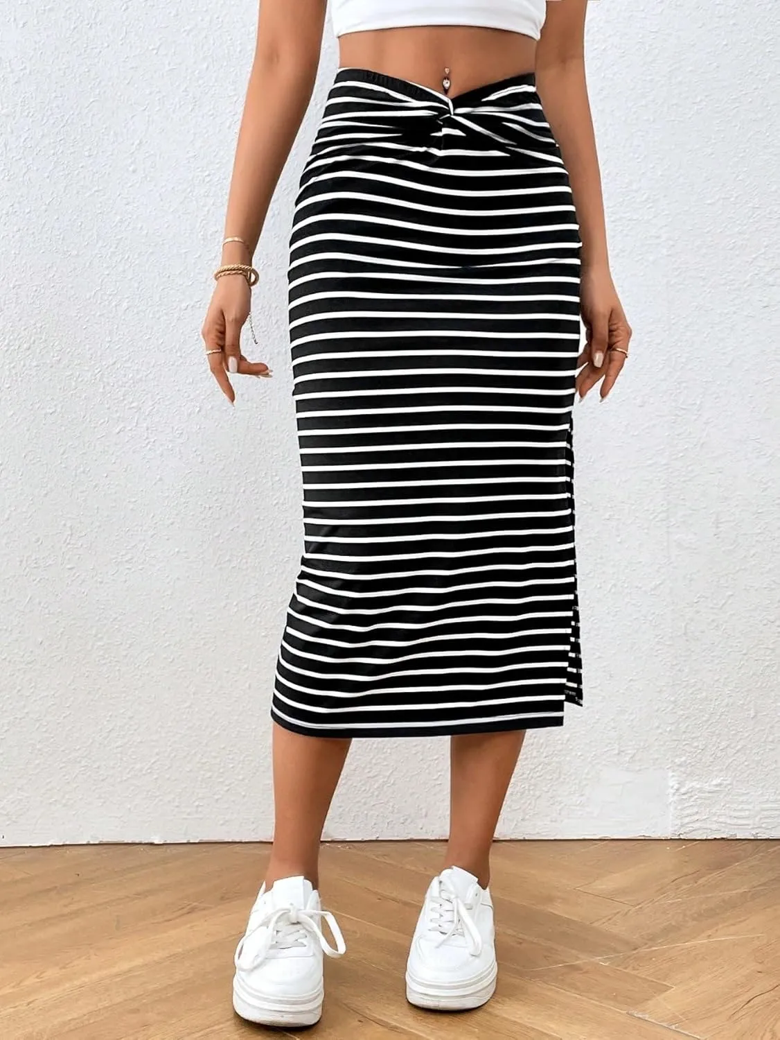 Women's Maxi Skirt Summer Midi Striped Slit Skirt