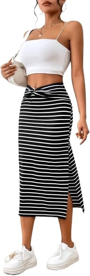 Women's Maxi Skirt Summer Midi Striped Slit Skirt
