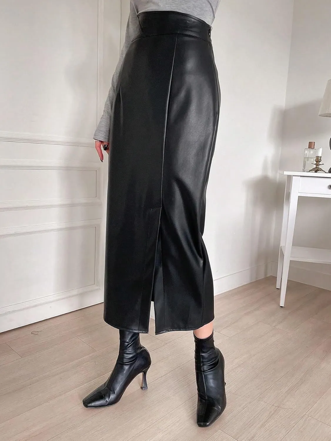 Women's Maxi Skirt Summer Pu Material Long Slit Skirt