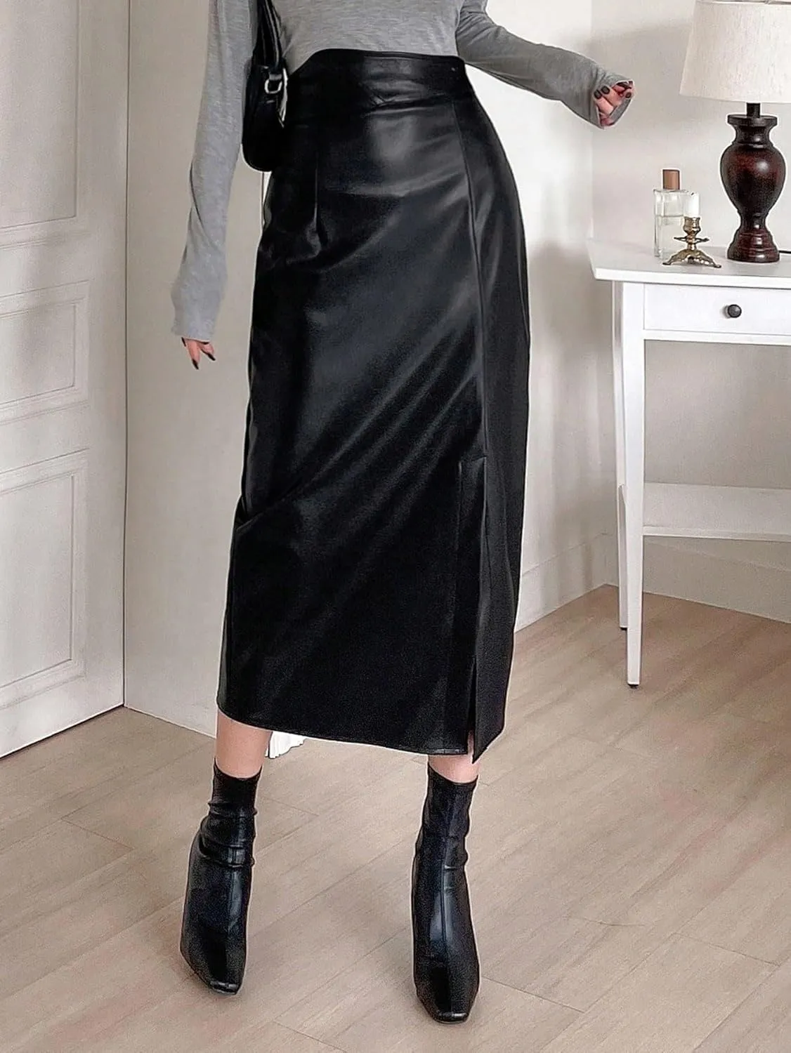 Women's Maxi Skirt Summer Pu Material Long Slit Skirt