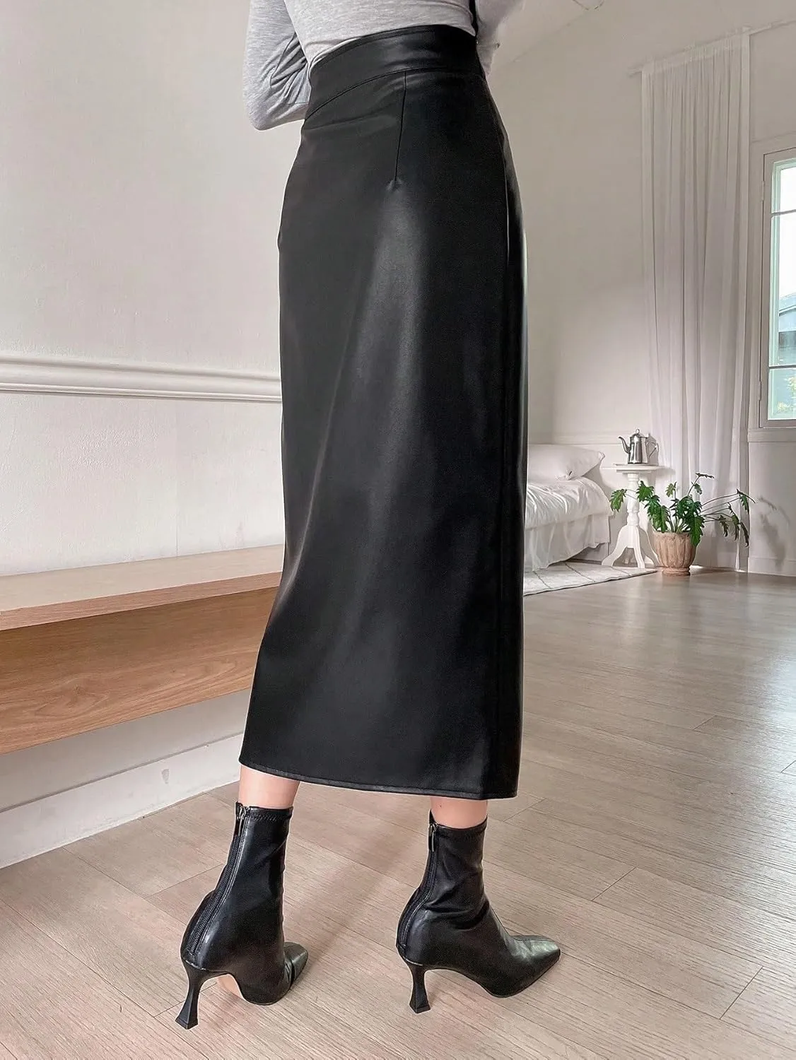 Women's Maxi Skirt Summer Pu Material Long Slit Skirt