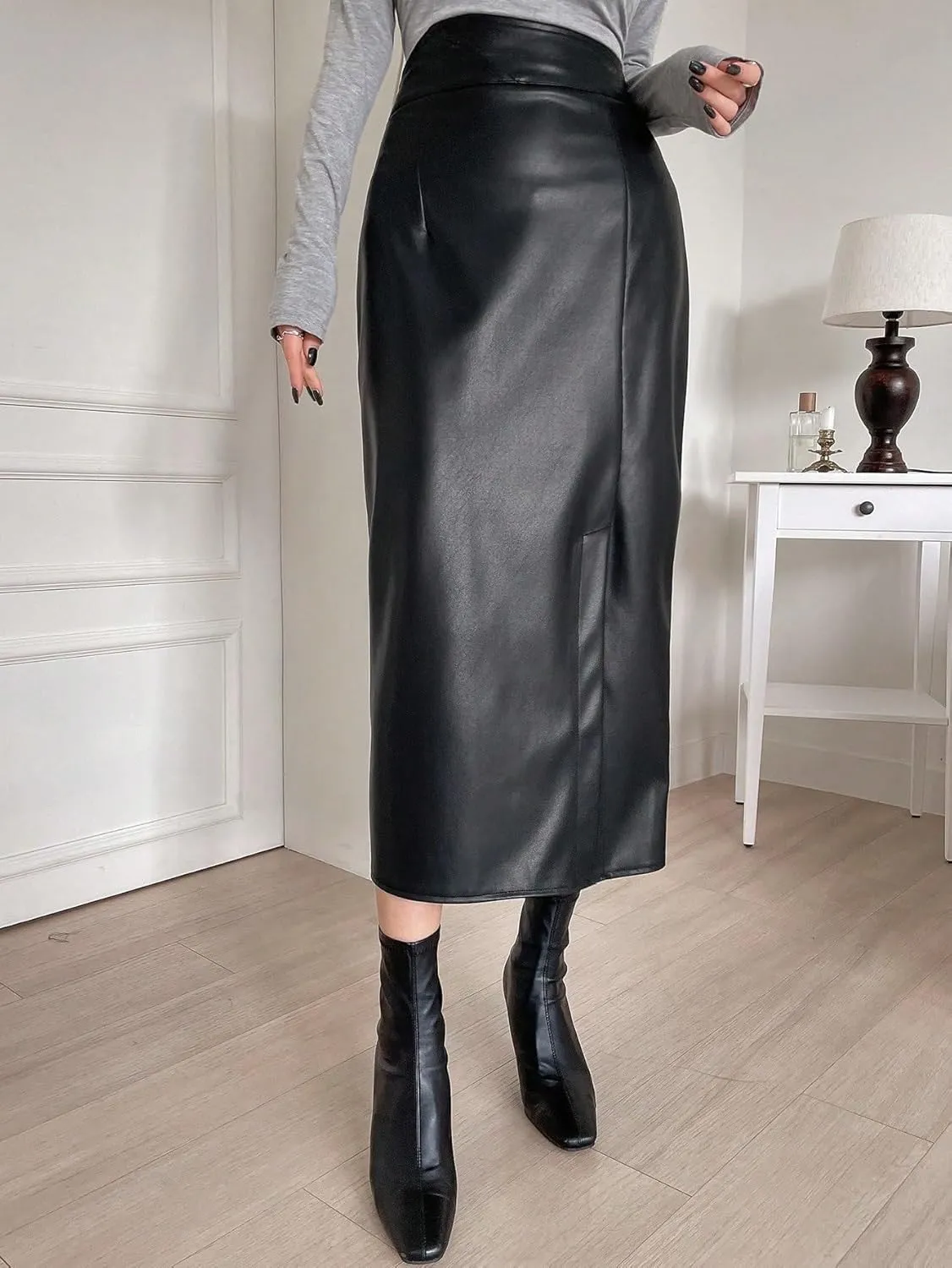 Women's Maxi Skirt Summer Pu Material Long Slit Skirt