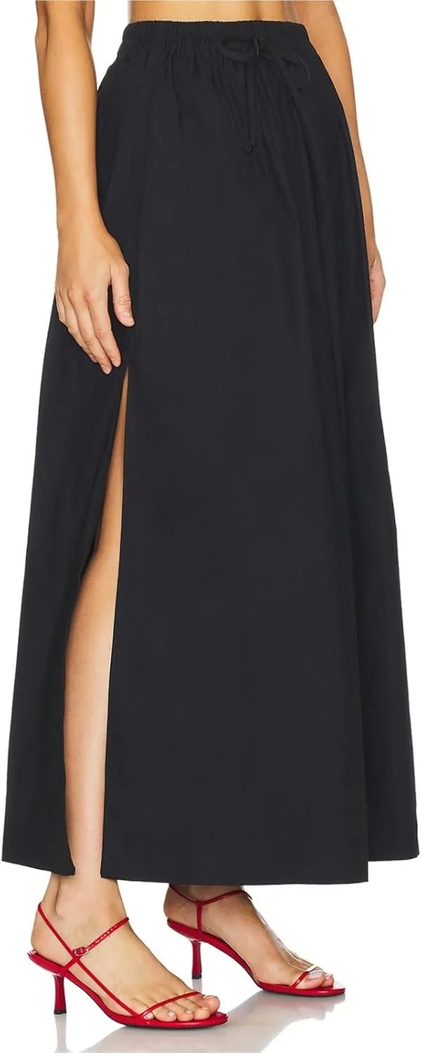 Womens Maxi Slit Skirt Elastic Waist Drawstring Long Skirts for Women with Pockets
