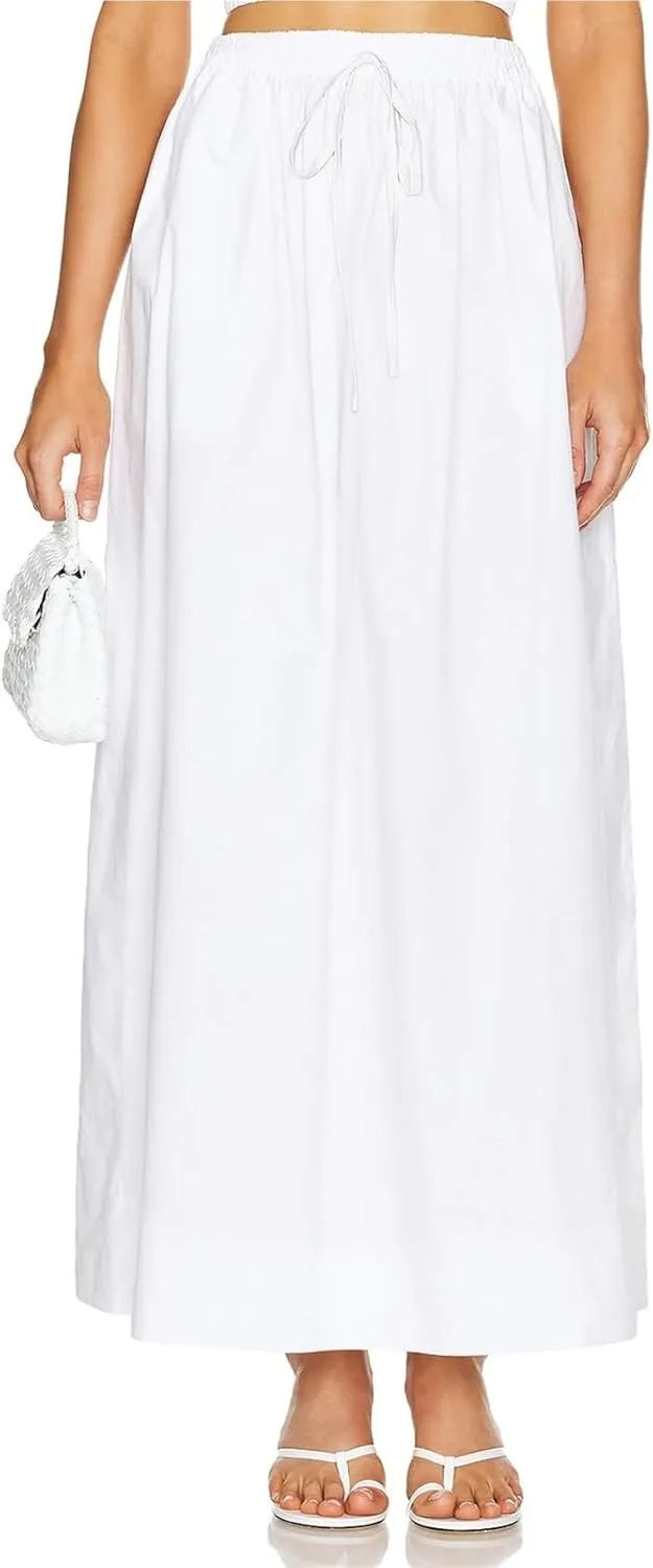 Womens Maxi Slit Skirt Elastic Waist Drawstring Long Skirts for Women with Pockets