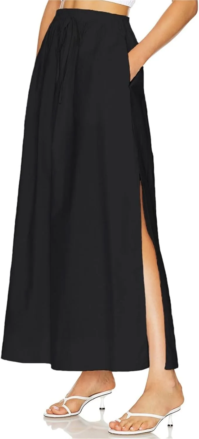 Womens Maxi Slit Skirt Elastic Waist Drawstring Long Skirts for Women with Pockets