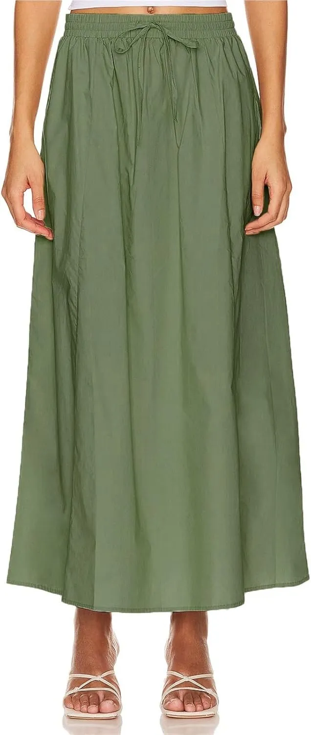 Womens Maxi Slit Skirt Elastic Waist Drawstring Long Skirts for Women with Pockets