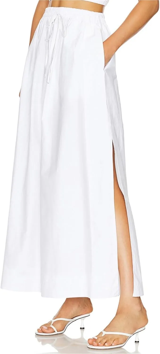 Womens Maxi Slit Skirt Elastic Waist Drawstring Long Skirts for Women with Pockets