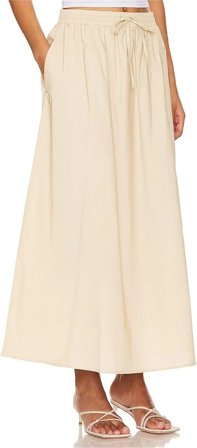 Womens Maxi Slit Skirt Elastic Waist Drawstring Long Skirts for Women with Pockets